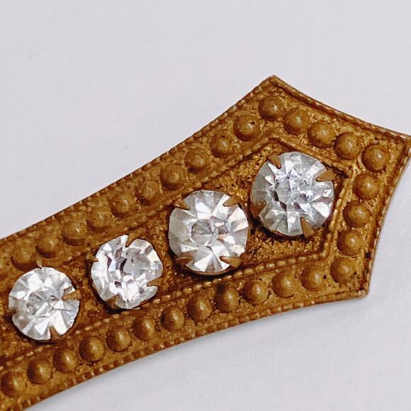 Antique Art Deco Brass Bar Brooch with Clear Rhinestones c1915 Edwardian Style - Picture 3 of 8